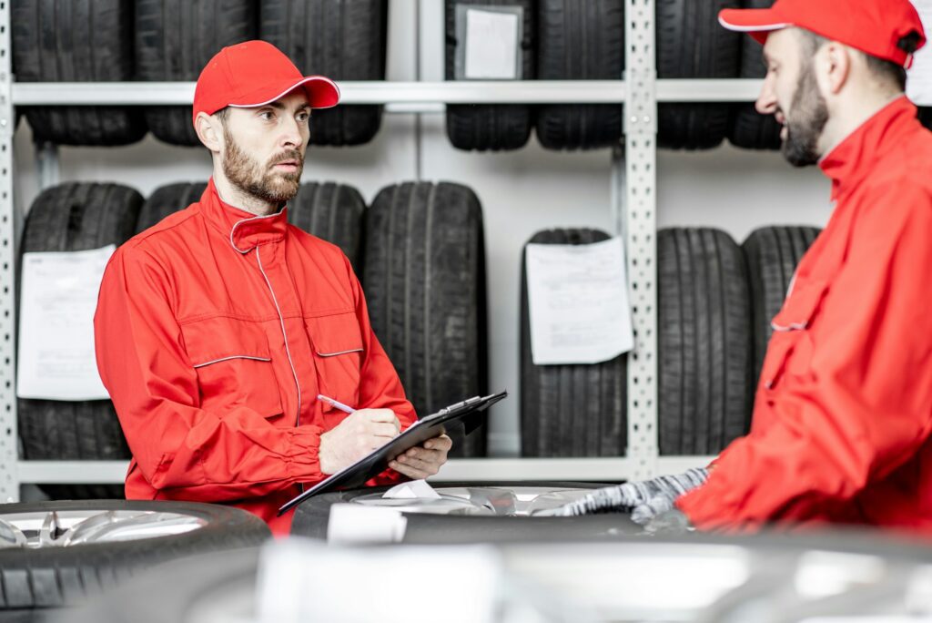 Men working in the warehouse with tires